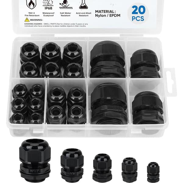 Etokfoks Waterproof Cable Gland Kit Nylon NPT Adjustable PVC Connector, 1/4, 3/8, 1/2, 3/4, 1 in. Black (20-Pieces)