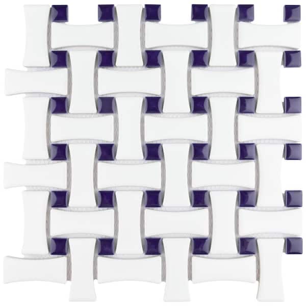 Merola Tile Metro Dog Bone Basketweave White with Cobalt Dot 6 in. x 6 in. Porcelain Mosaic Take Home Tile Sample