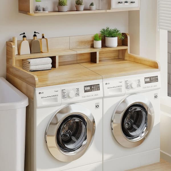 2-Layer Washer Dryer Countertop with Non-Slip Pads and Edge, Laundry Wood Shelf Topper Storage Organizer in Natural