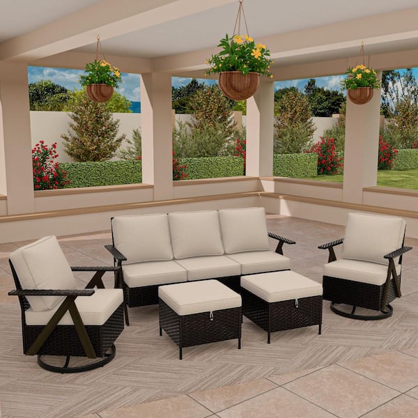 MeetLeisure 5-Piece Outdoor Furniture Patio Conversation Set with Swivel Rocking Chairs and Beige Cushions