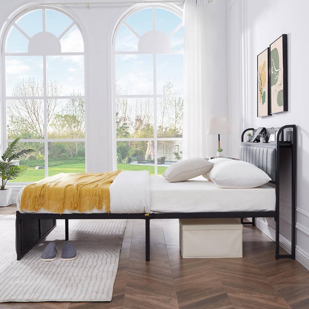Queen Bed Frame, Black Metal Frame Platform Bed Upholstered Headboard with Storage Charging Station, Sturdy Metal Slats - thumbnail 7