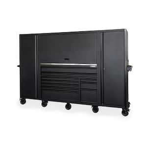 62 in. x W 24 in. D HD 10-Drwer Mobile Workbench with SS Top Combination Hutch and 2 Tall Side Locker in Matte Black