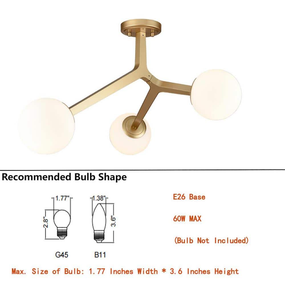 Gold Metal 3-Light Semi Flush Mount with Frosted Glass Globes