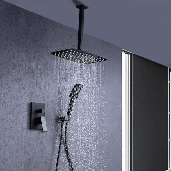 Single-Handle 1-Spray 12 in. Ceiling Shower Head Square High Pressure Shower Faucet in Matte Black (Valve Included)