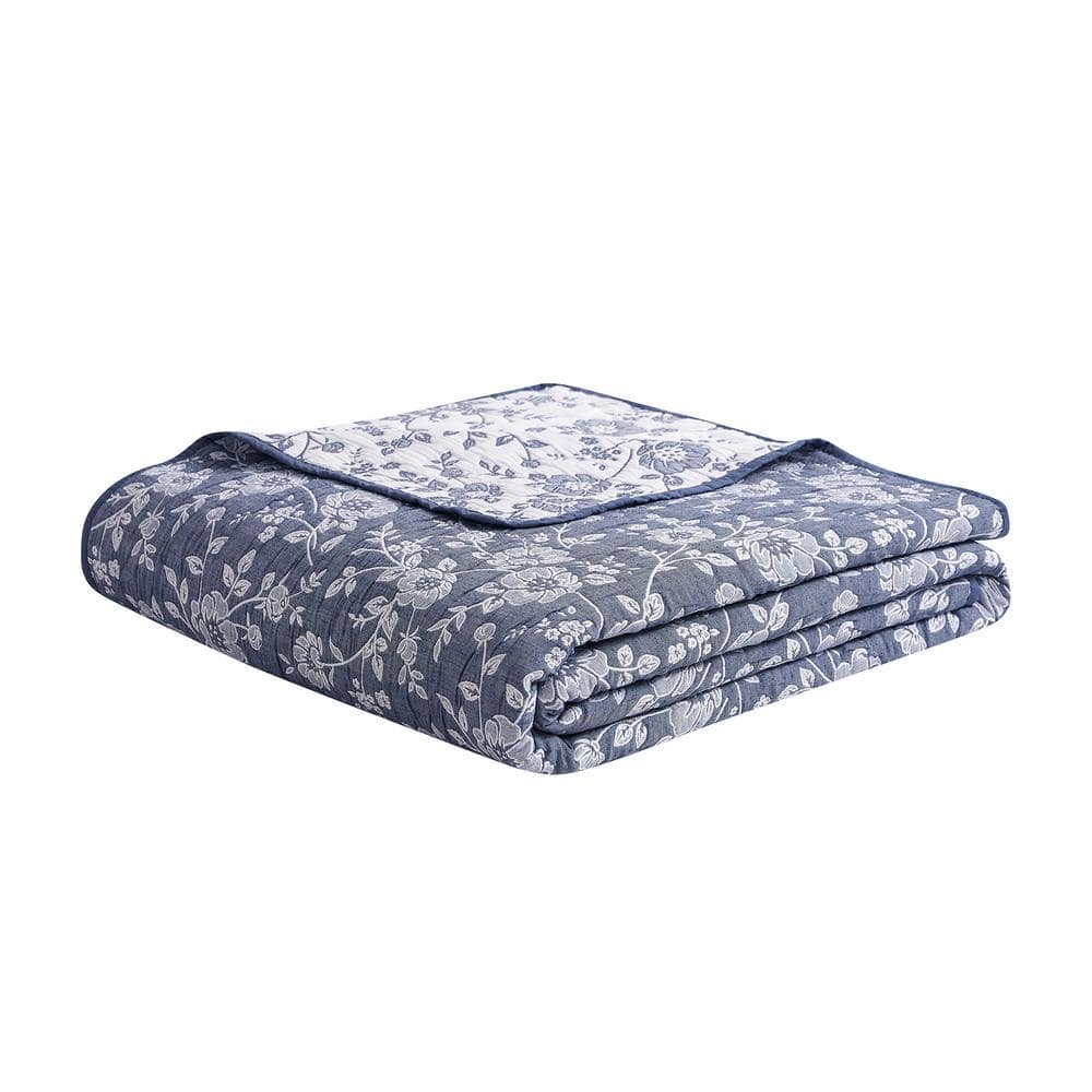 Navy Floral Twin Reversible Cotton Blend Quilt Set