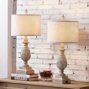 26.2 in. Distressed Ivory Farmhouse Bedside Table Lamp Set with USB Ports and LED bulbs (Set of 2)