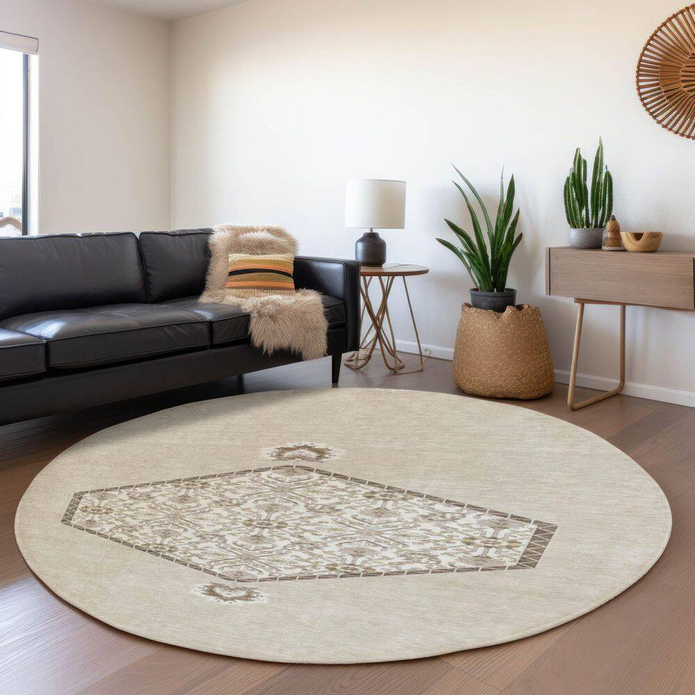 Mayfield Premium Machine Washable Abstract AMF1011 Beige 8 ft. x 8 ft. Round Rug price history on PriceWatchPro