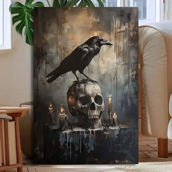 Wooden Framed Canvas Wall Art, 36 x 24, Crow on Skull with Candles