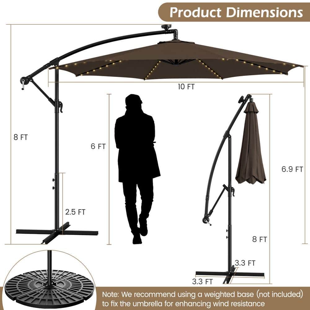 Coffee 10FT Solar-Lighted Cantilever Offset Patio Umbrella