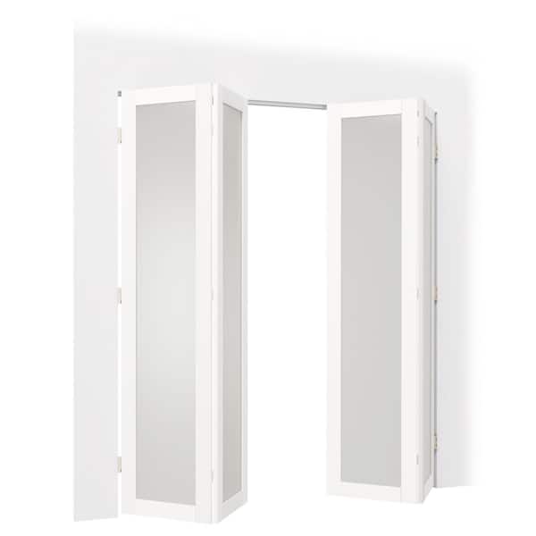60 in. x 80 in. 1-Lite Frosted Glass Solid Core White PVC Covering MDF. 180 Degree Bifold Door with Hinges and Handles