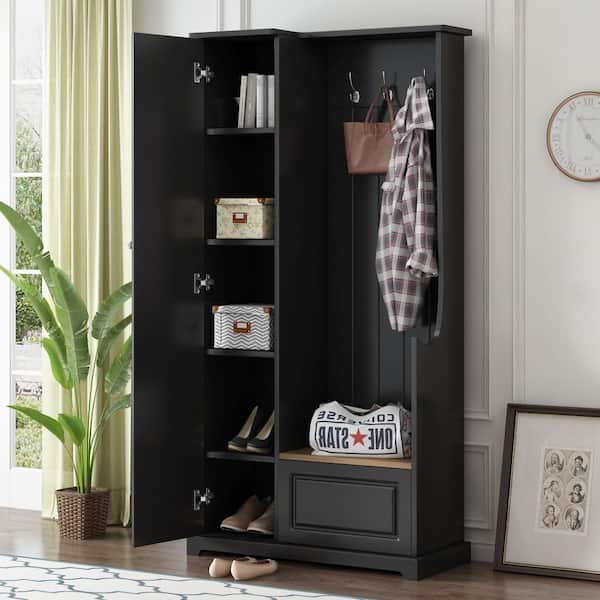 Black Hall Tree with Flip-Up Bench, Adjustable Shelves and Hanging Hooks