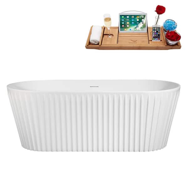 Streamline 63 in. x 29 in. Acrylic Freestanding Soaking Bathtub in Glossy White With Polished Gold Drain, Bamboo Tray