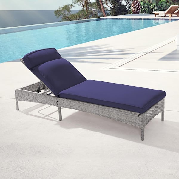 Sonkuki Outdoor Patio Wicker Chaise Lounge Chairs with Adjustable Inclination Angles, Navy Blue Cushion