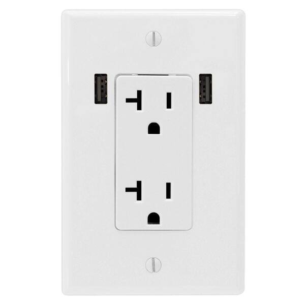 U-Socket 20 Amp AC Decor Duplex Wall Outlet with Built-In 3.3 Amp USB Charger Ports - White