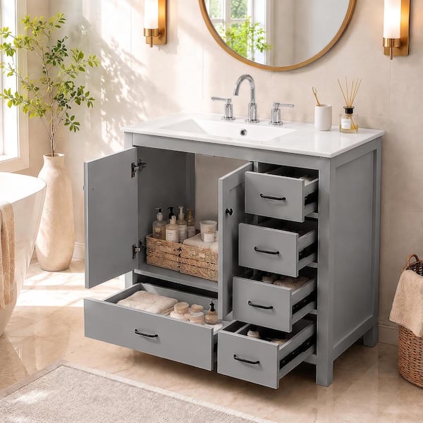 Gray 36in Bathroom Vanity with Ceramic Sink Combo 2 Soft-Close Doors and 5 Drawers