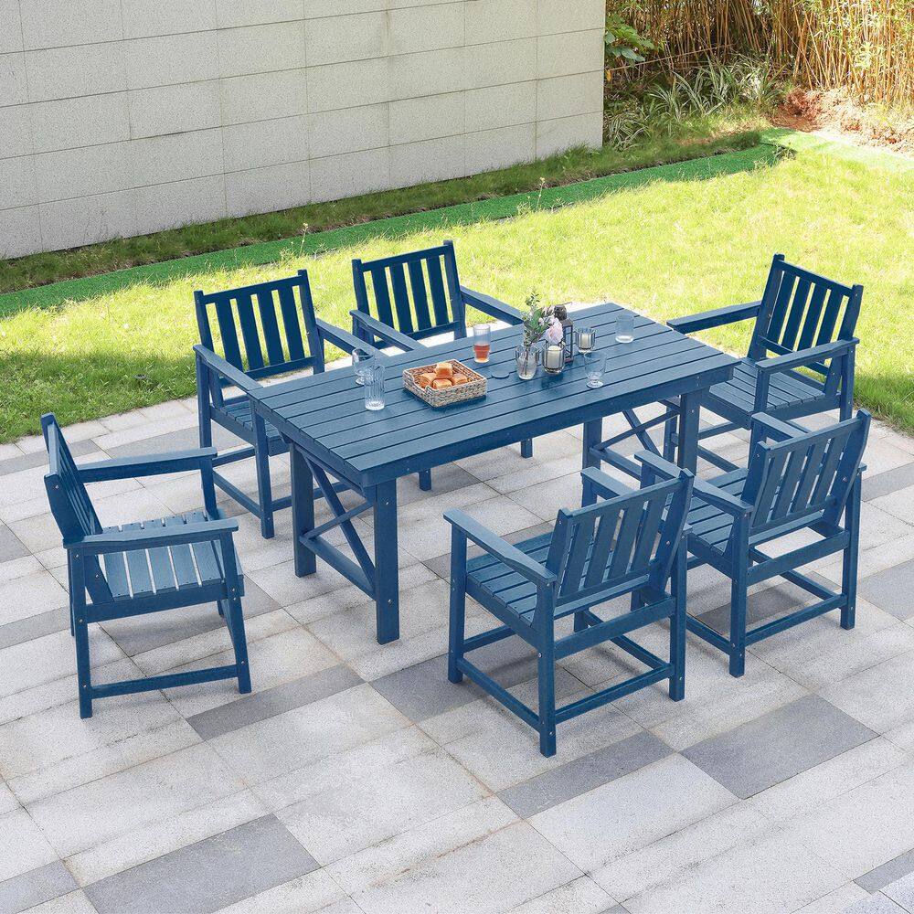 Navy Blue 7-Piece HDPE Plastic Patio Outdoor Dining Set with 6-Arm Chairs and Rectangular Table price history on PriceWatchPro