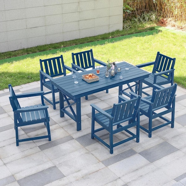 Navy Blue 7-Piece HDPE Plastic Patio Outdoor Dining Set with 6-Arm Chairs and Rectangular Table