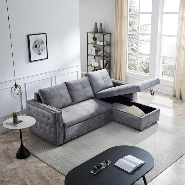 GODEER 91 in. W 2-Piece Velvet Sectional Sofa with Pulled out Bed, Reversible Chaise with Storage in Gray