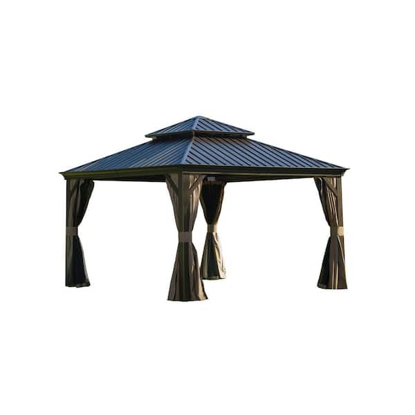 12 ft. x 12 ft. Brown Outdoor Aluminum Gazebo with Galvanized Steel Double Canopy Curtains and Netting for Deck Backyard