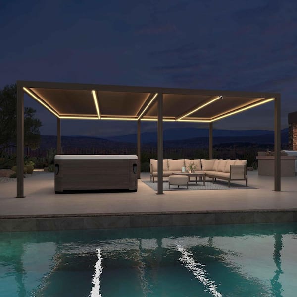 12 ft. x 20 ft. Bronze Aluminum Frame Patio Louvered Pergola Gazebo with Adjustable Sunshade Roof and LED Strip Lights