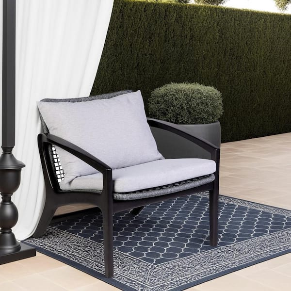 Beckham Dark Eucalyptus Wood and Gray Rope Outdoor Lounge Chair with White Cushions