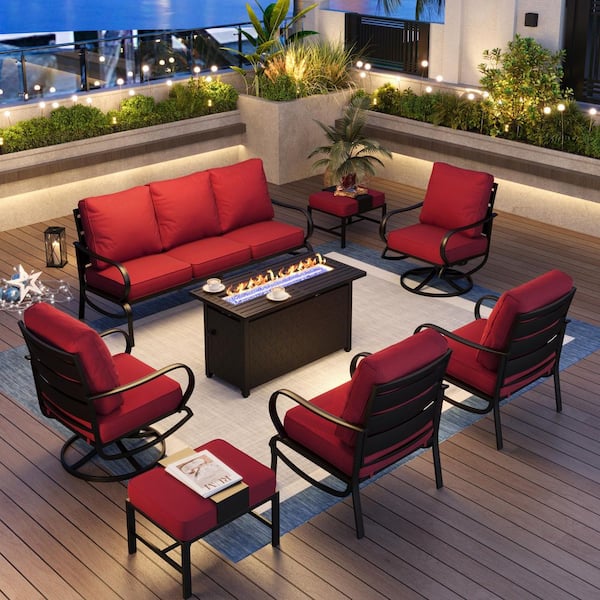 PHI VILLA Metal 9 Seat 8-Piece Outdoor Patio Conversation Set with Red Cushions Swivel Chairs Rectangular Fire Pit Table