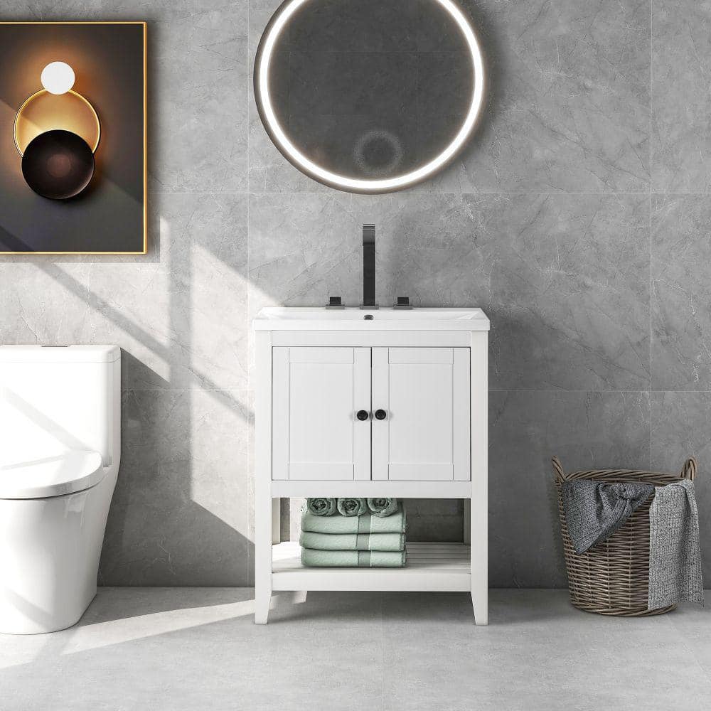 24 in. W x 18. in D. x 34 in. H Bath Vanity in White with White Ceramic Top
