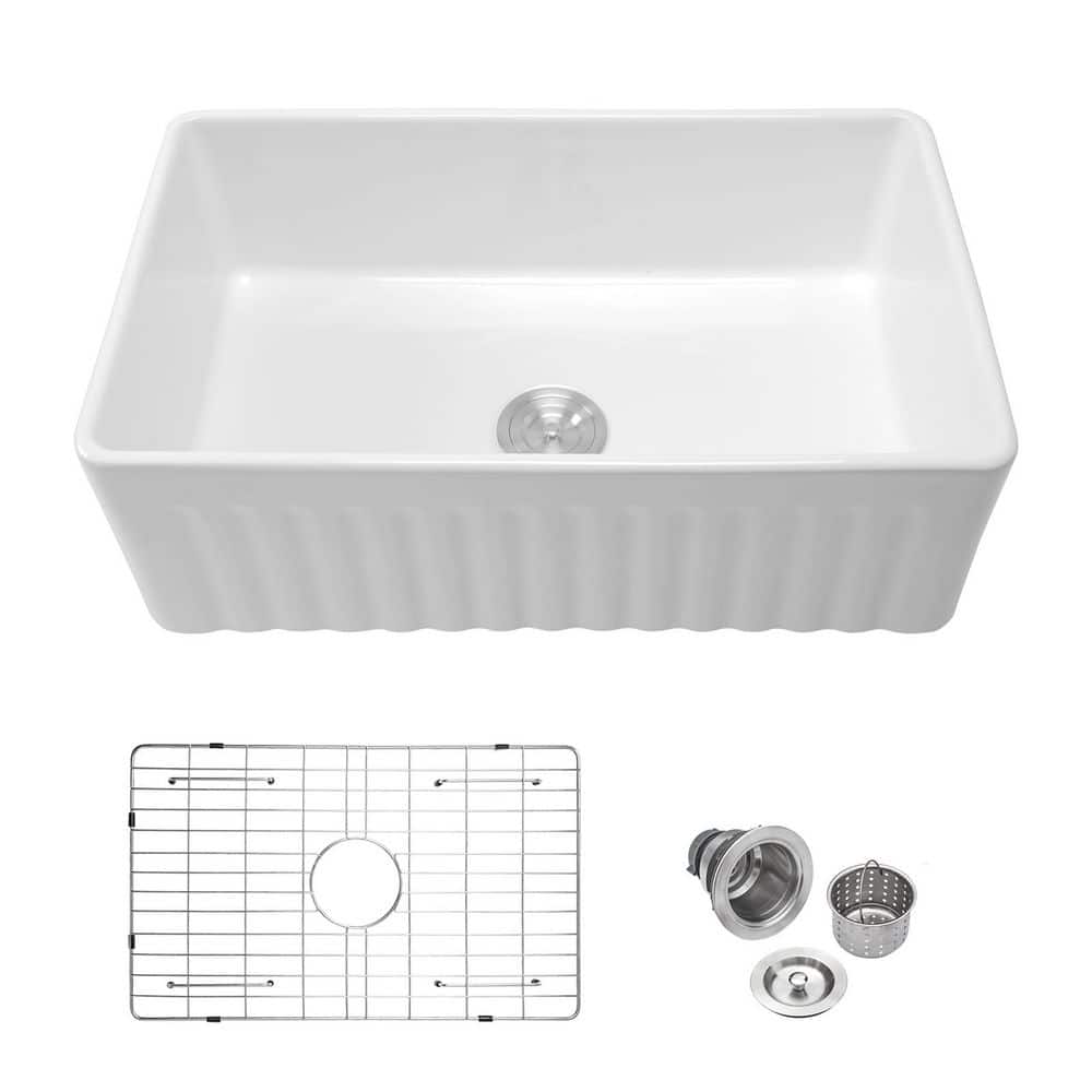 33 in. Farmhouse Single Bowl White Ceramic Kitchen Sink with Bottom Grids price history on PriceWatchPro