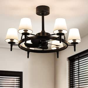 32 in. 6-light Indoor Black Modern Ceiling Fan Light with White Fabric Shade and Remote 6-Speed DC Motor for Living Room