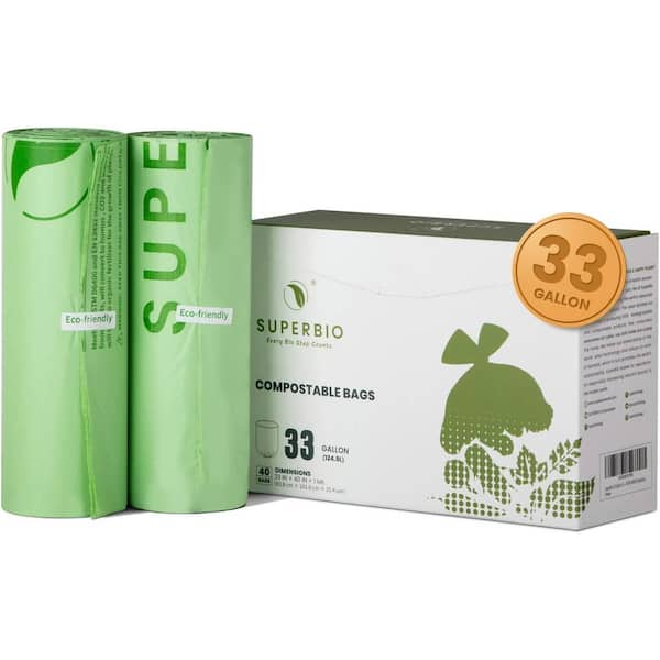 SUPERBIO 33 Gal. Compostable Trash Bags with Flat Top, Eco-Friendly for Outdoor Bin (40-Count)