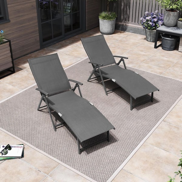 Dark Gray 2-Piece Aluminum Metal Folding Outdoor Chaise Lounge with Adjustable Back in Gray