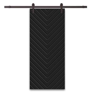 Herringbone 30 in. x 80 in. Fully Assembled Black Stained MDF Modern Sliding Barn Door with Hardware Kit