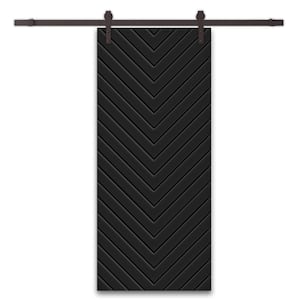 Herringbone 36 in. x 80 in. Fully Assembled Black Stained MDF Modern Sliding Barn Door with Hardware Kit