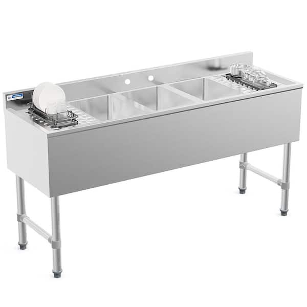 60 in. Freestanding Stainless Steel 3-Compartment Commercial Kitchen Sink with Double Drainboard