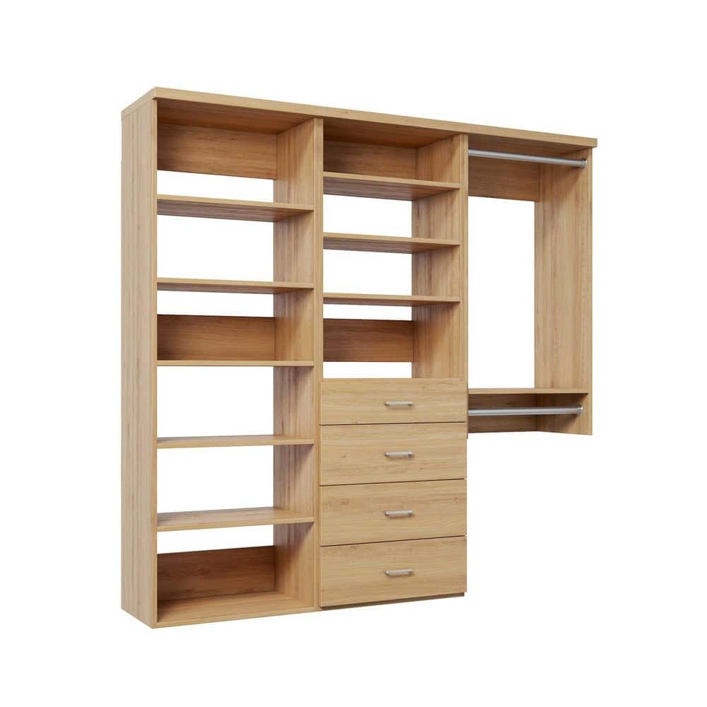 58.5 in. W Natural Oak Reach-in Wall-Mount 2-Rod 4-Slab-Drawers 10-Shelf Wood Closet System