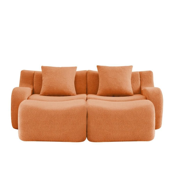 82.7 in. Wide Slope Arm Teddy Fabric Rectangle 2-Seat Boneless Reclining Sofa with Ottoman in Orange