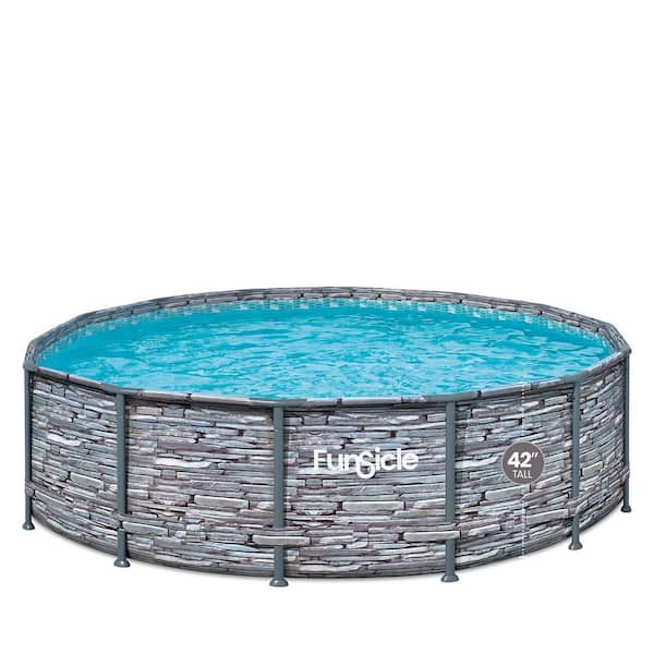 Oasis Designer 14 ft. Round 42 in. Deep Metal Frame Above Ground Pool with Pump, Stone Slate