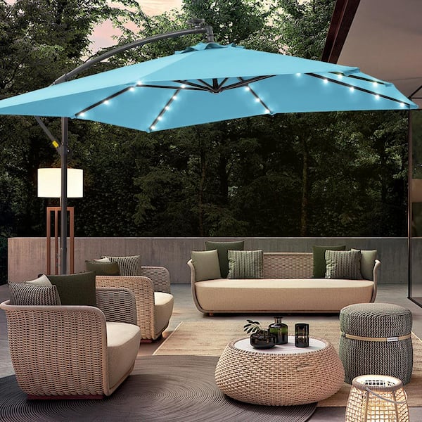Sonkuki 8.2 ft. x 8.2 ft. Solar LED Square Cantilever Patio Umbrella for Villa Gardens, Lawns and Yard in Lake Blue