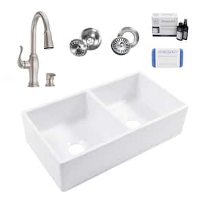 Turner 33 in. Farmhouse Apron Front Undermount Double Bowl White Fireclay Kitchen Sink with Maren Stainless Faucet Kit