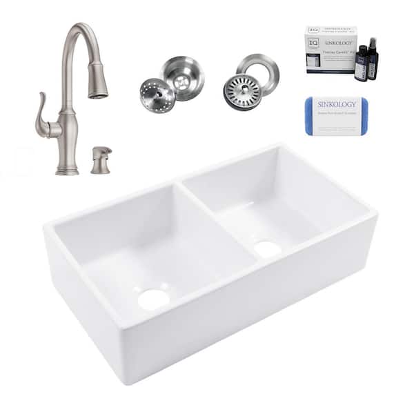SINKOLOGY Turner 33 in. Farmhouse Apron Front Undermount Double Bowl White Fireclay Kitchen Sink with Maren Stainless Faucet Kit