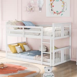 White Twin Over Twin. Wood Low Bunk Bed with Ladder