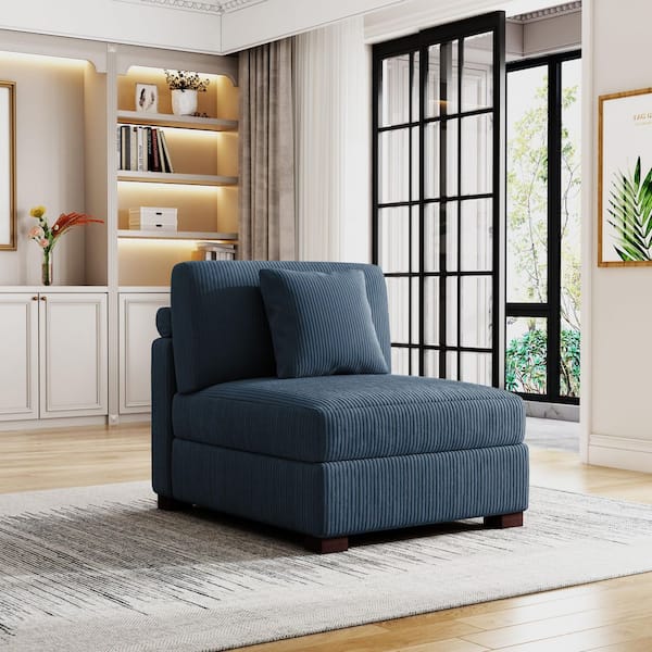 36 in. Armless Corduroy Polyester Rectangle Sectional Center 1-Seat Sofa in Navy Blue with 1-Pillow