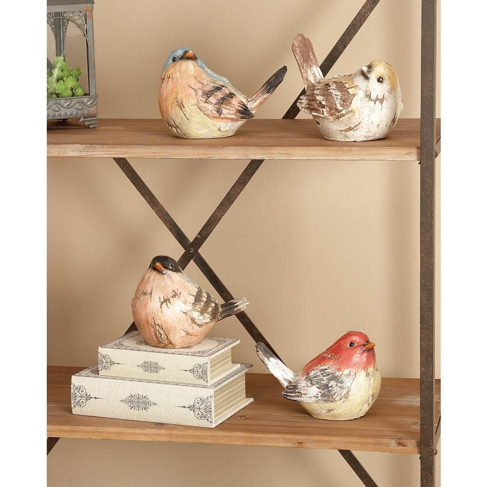 Set of Four Multi Colored Weathered Wood Bird Statues