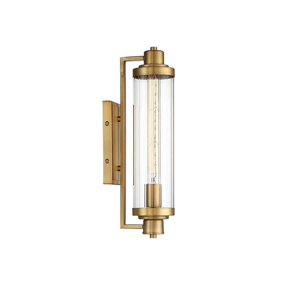 Pike Warm Brass Finish 1-Light Vanity Sconce with Clear Ribbed Glass