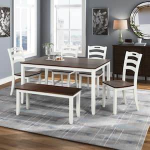 6-Piece Wood Top Ivory Dining Table Set with Bench, Wood Kitchen Table Set with Table and 4 Chairs
