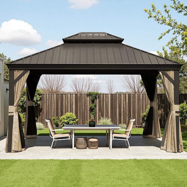 10 ft. x 12 ft. Brown Outdoor Aluminum Gazebo with Galvanized Steel Double Canopy Curtains and Netting for Deck Backyard