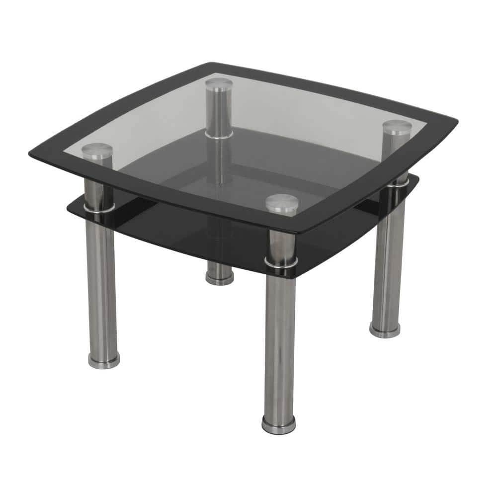 Modern Chrome Square End Table with Black Glass Shelf