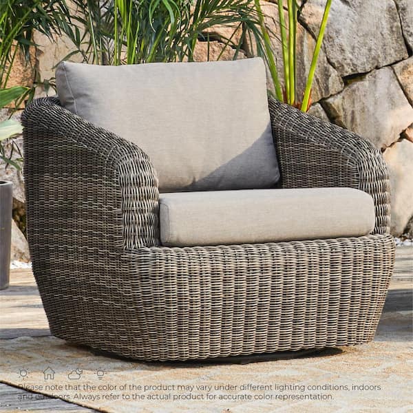 Elspeth Gray Fabric Wicker Swivel Arm Chair with Removable Cushion for Outdoor & Indoor