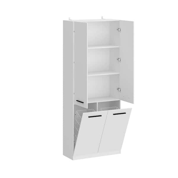 31.5 in. W x 13.7 in. D x 78.7 in. H White Freestanding Bathroom Linen Cabinet with 2-Flip Laundry Hamper for Clothes