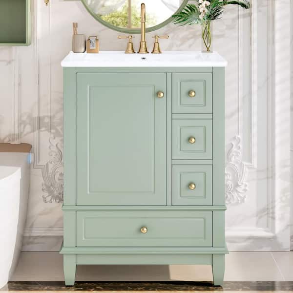 24 in. W x 18.3 in. D x 34 in. H Single Sink Freestanding Bath Vanity in Light Green with White Ceramic Top